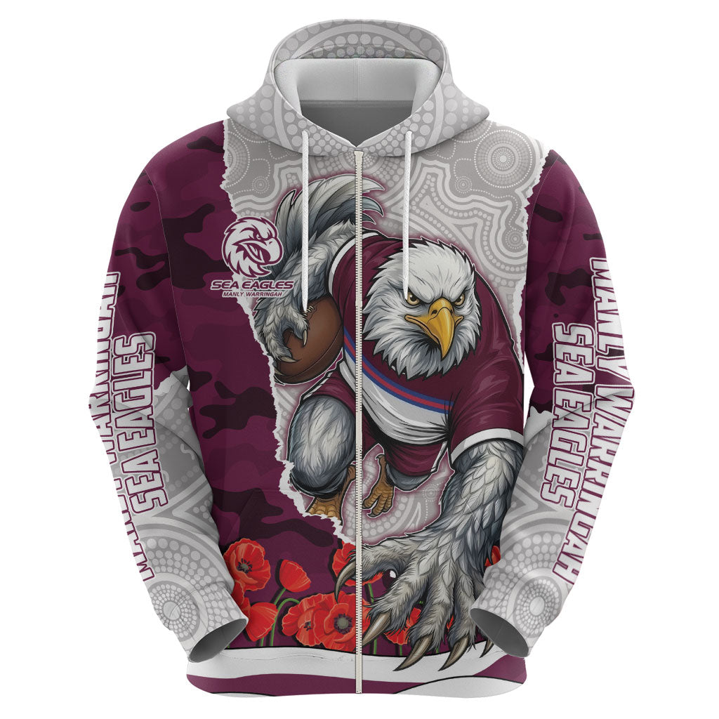 Personalized Sea Eagles ANZAC Tribute Zip Hoodie Poppy Field Soldier Silhouette Aboriginal Rugby Mascot