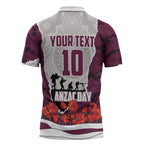 Personalized Sea Eagles ANZAC Tribute Zipper Polo Shirt Poppy Field Soldier Silhouette Aboriginal Rugby Mascot