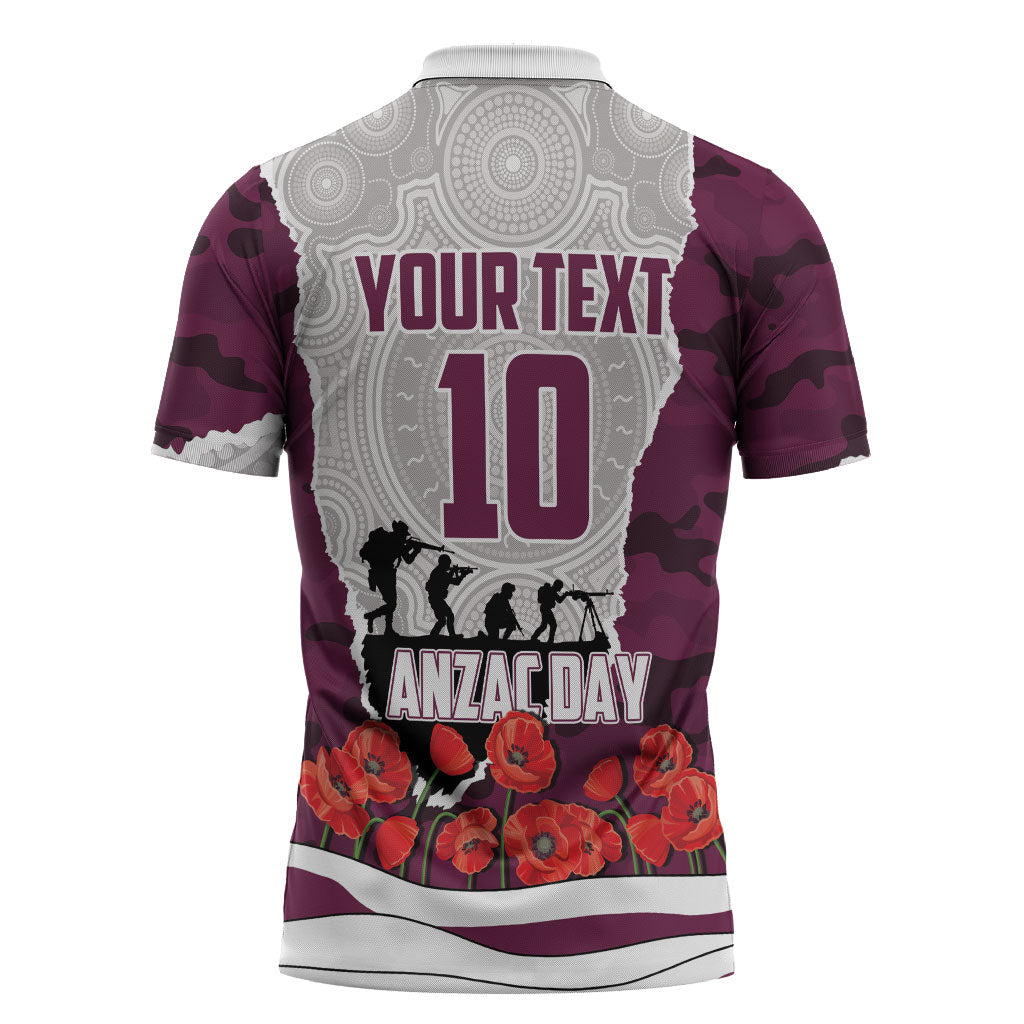 Personalized Sea Eagles ANZAC Tribute Zipper Polo Shirt Poppy Field Soldier Silhouette Aboriginal Rugby Mascot