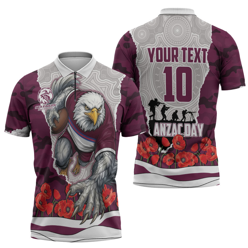 Personalized Sea Eagles ANZAC Tribute Zipper Polo Shirt Poppy Field Soldier Silhouette Aboriginal Rugby Mascot