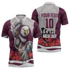 Personalized Sea Eagles ANZAC Tribute Zipper Polo Shirt Poppy Field Soldier Silhouette Aboriginal Rugby Mascot