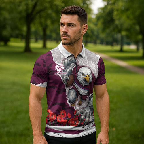 Personalized Sea Eagles ANZAC Tribute Zipper Polo Shirt Poppy Field Soldier Silhouette Aboriginal Rugby Mascot