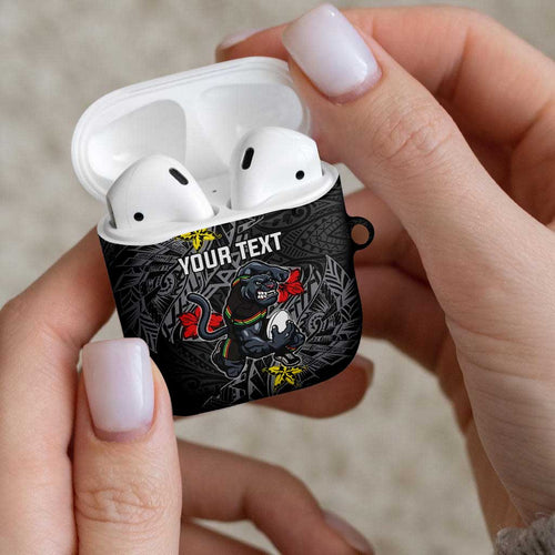 Personalised Penrith Panthers AirPods Case Polynesian Tribal Pattern With Rugby Panther Mascot Art