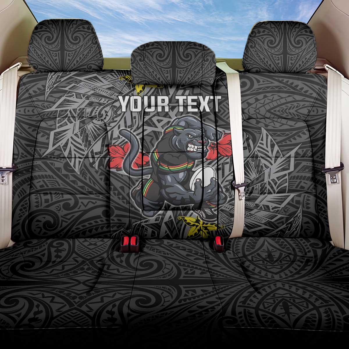 Personalised Penrith Panthers Back Car Seat Cover Polynesian Tribal Pattern With Rugby Panther Mascot Art