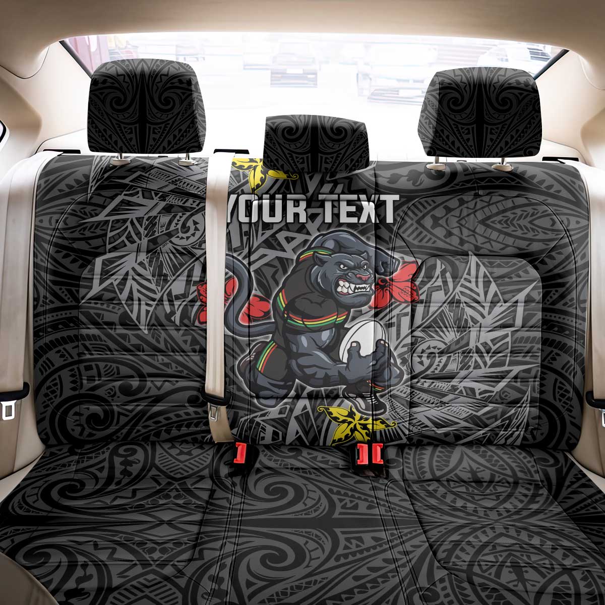 Personalised Penrith Panthers Back Car Seat Cover Polynesian Tribal Pattern With Rugby Panther Mascot Art