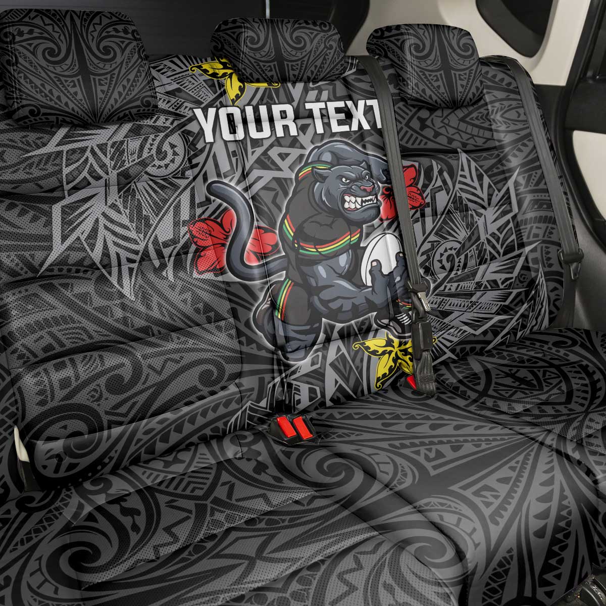 Personalised Penrith Panthers Back Car Seat Cover Polynesian Tribal Pattern With Rugby Panther Mascot Art