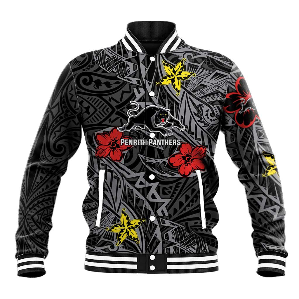 Personalised Penrith Panthers Baseball Jacket Polynesian Tribal Pattern With Rugby Panther Mascot Art
