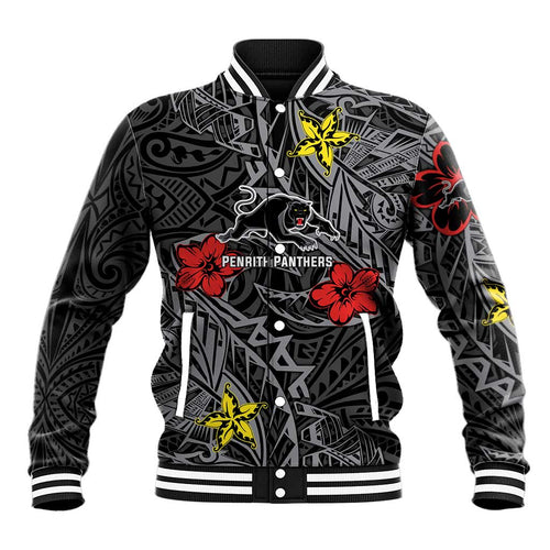 Personalised Penrith Panthers Baseball Jacket Polynesian Tribal Pattern With Rugby Panther Mascot Art