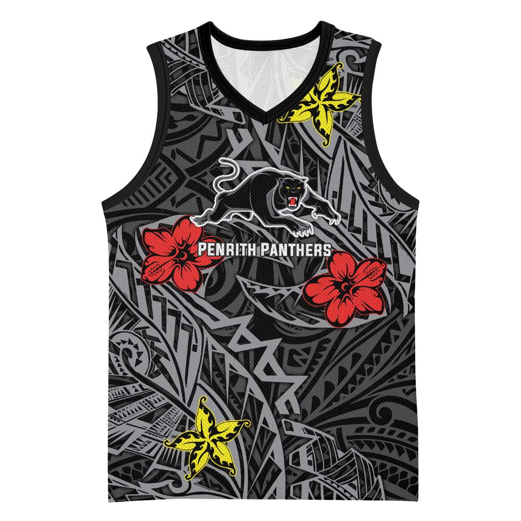 Personalised Penrith Panthers Basketball Jersey Polynesian Tribal Pattern With Rugby Panther Mascot Art
