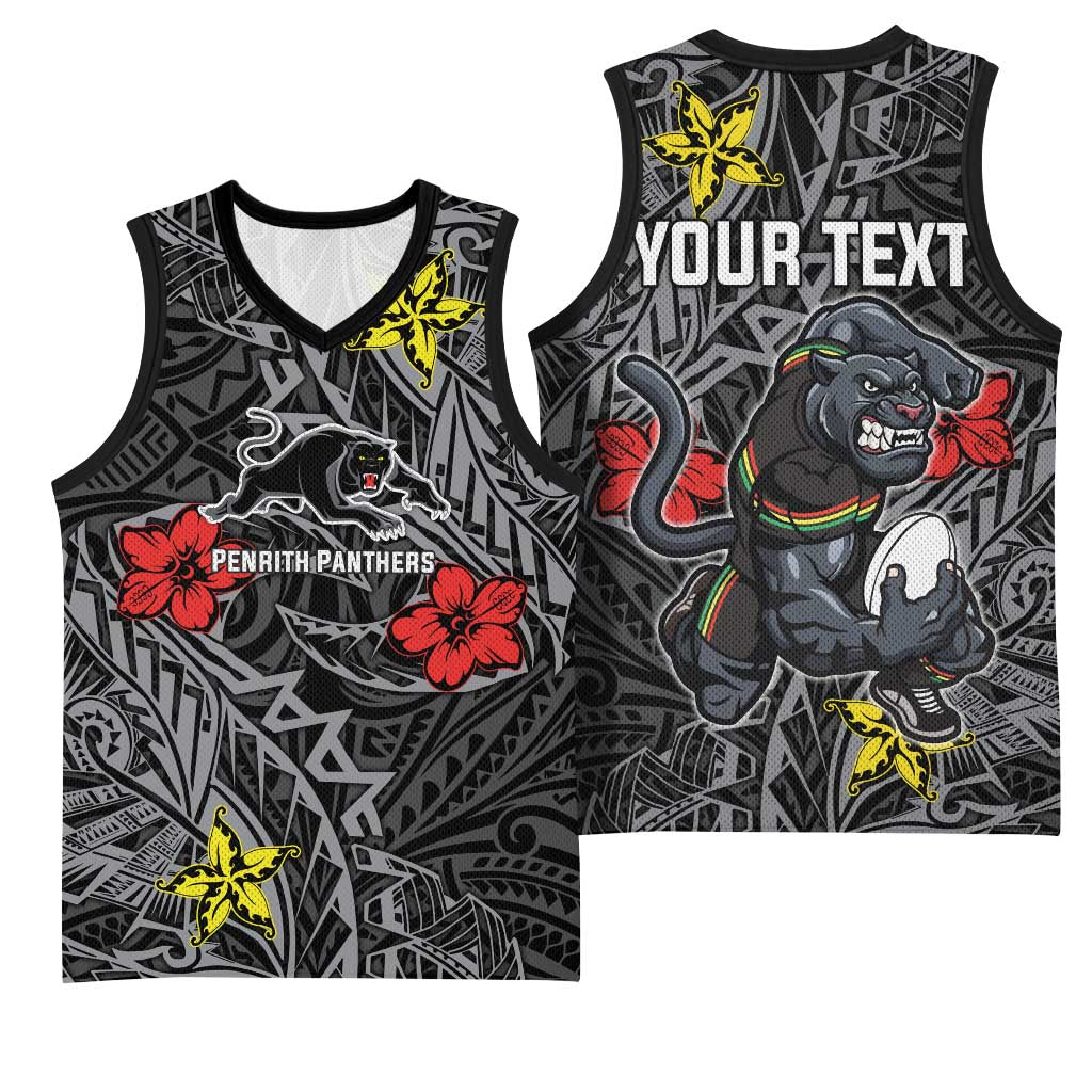 Personalised Penrith Panthers Basketball Jersey Polynesian Tribal Pattern With Rugby Panther Mascot Art