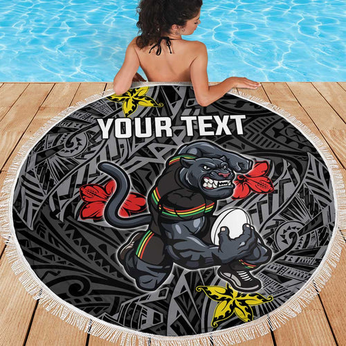 Personalised Penrith Panthers Beach Blanket Polynesian Tribal Pattern With Rugby Panther Mascot Art