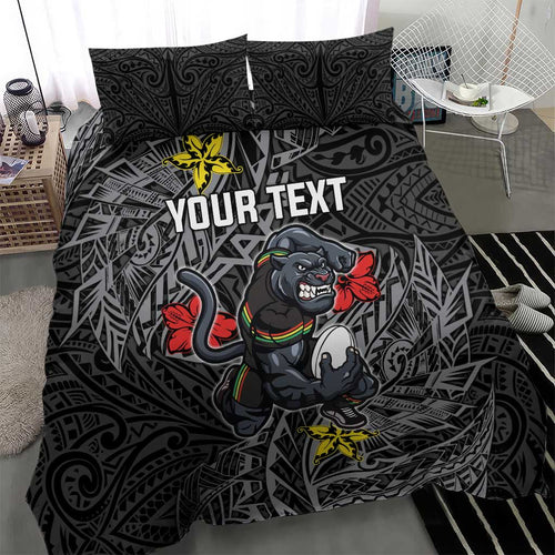 Personalised Penrith Panthers Bedding Set Polynesian Tribal Pattern With Rugby Panther Mascot Art