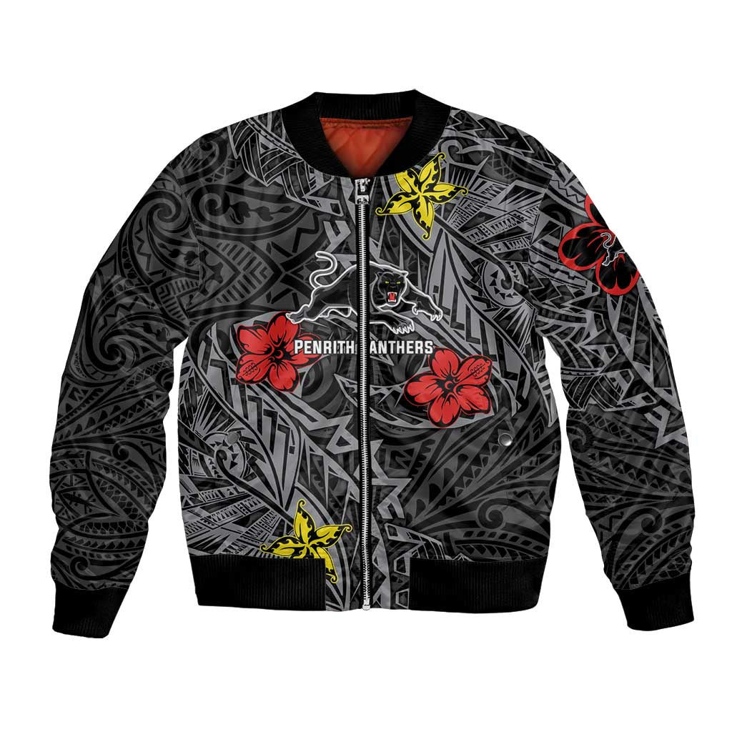 Personalised Penrith Panthers Bomber Jacket Polynesian Tribal Pattern With Rugby Panther Mascot Art