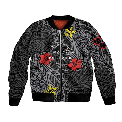 Personalised Penrith Panthers Bomber Jacket Polynesian Tribal Pattern With Rugby Panther Mascot Art