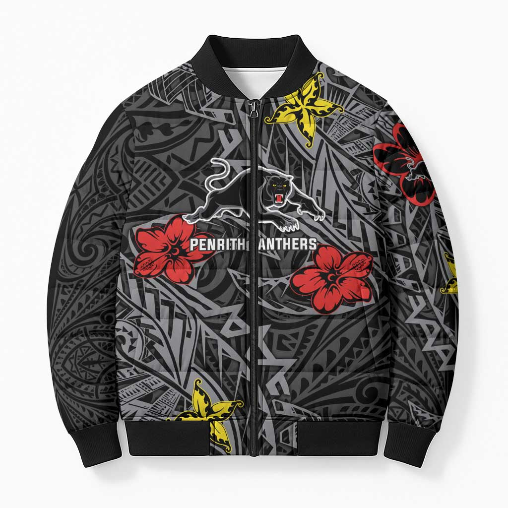 Personalised Penrith Panthers Bomber Puffer Jacket Polynesian Tribal Pattern With Rugby Panther Mascot Art