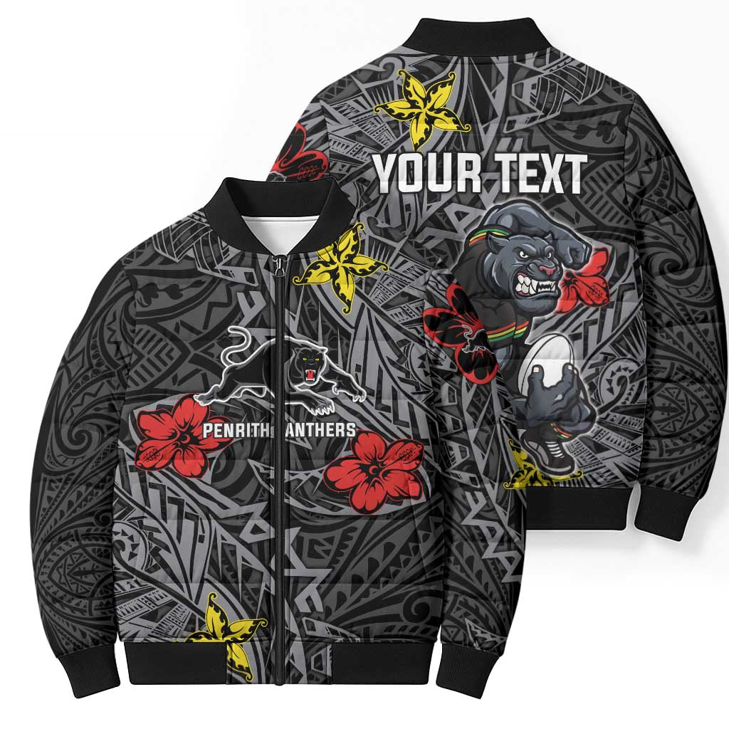 Personalised Penrith Panthers Bomber Puffer Jacket Polynesian Tribal Pattern With Rugby Panther Mascot Art