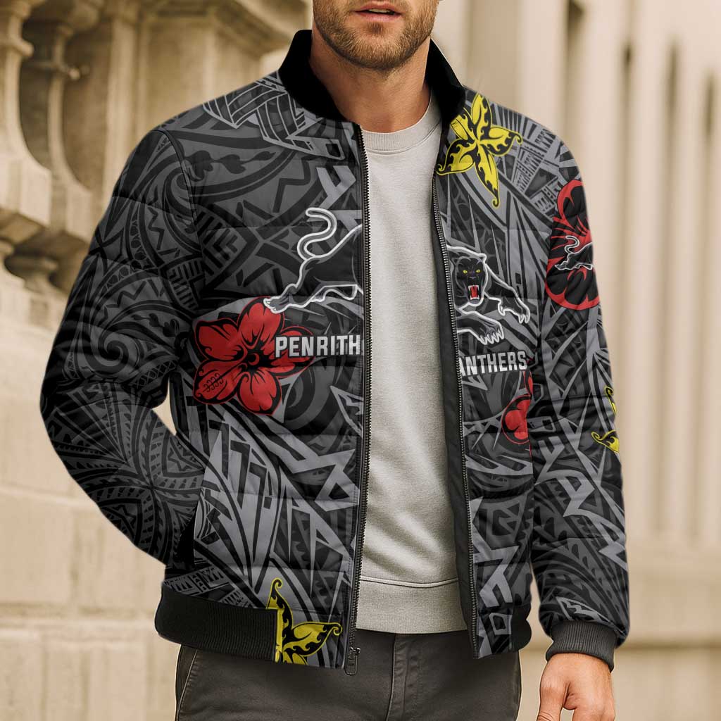 Personalised Penrith Panthers Bomber Puffer Jacket Polynesian Tribal Pattern With Rugby Panther Mascot Art