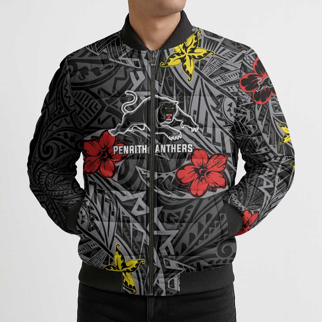 Personalised Penrith Panthers Bomber Puffer Jacket Polynesian Tribal Pattern With Rugby Panther Mascot Art