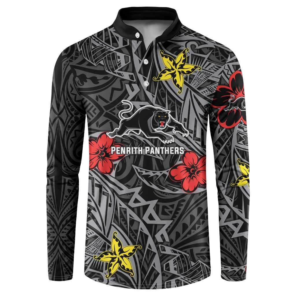 Personalised Penrith Panthers Button Sweatshirt Polynesian Tribal Pattern With Rugby Panther Mascot Art