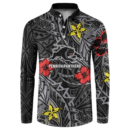 Personalised Penrith Panthers Button Sweatshirt Polynesian Tribal Pattern With Rugby Panther Mascot Art