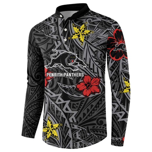 Personalised Penrith Panthers Button Sweatshirt Polynesian Tribal Pattern With Rugby Panther Mascot Art