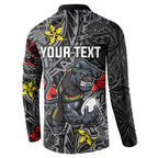 Personalised Penrith Panthers Button Sweatshirt Polynesian Tribal Pattern With Rugby Panther Mascot Art