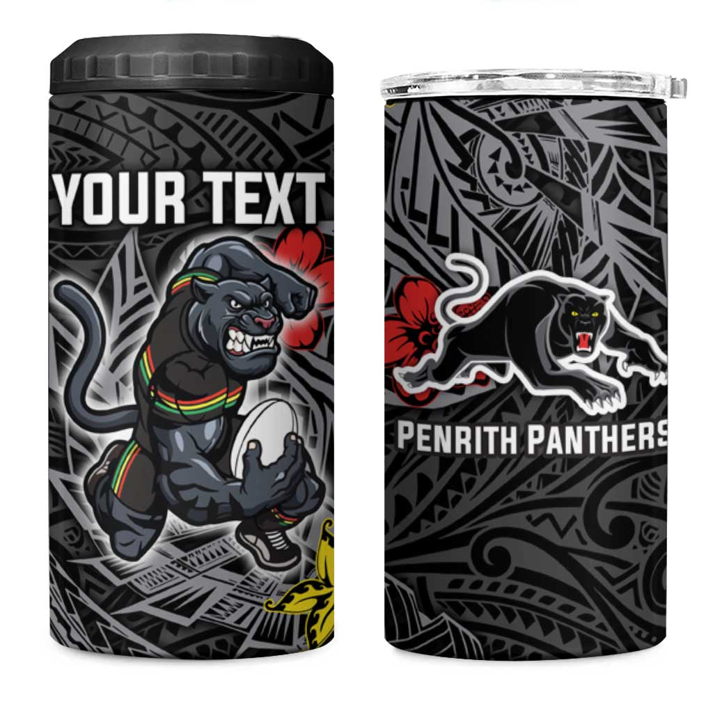 Personalised Penrith Panthers 4 in 1 Can Cooler Tumbler Polynesian Tribal Pattern With Rugby Panther Mascot Art