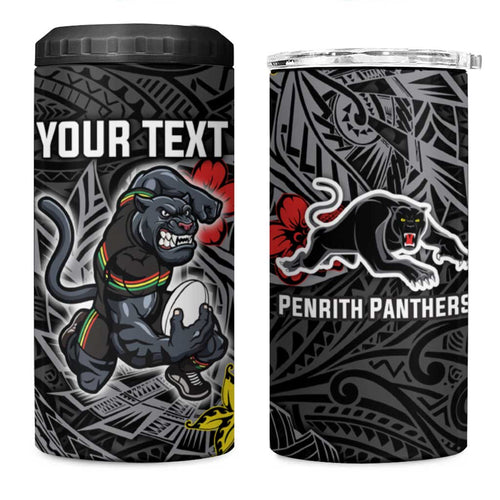 Personalised Penrith Panthers 4 in 1 Can Cooler Tumbler Polynesian Tribal Pattern With Rugby Panther Mascot Art