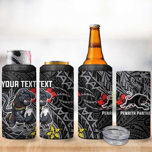 Personalised Penrith Panthers 4 in 1 Can Cooler Tumbler Polynesian Tribal Pattern With Rugby Panther Mascot Art