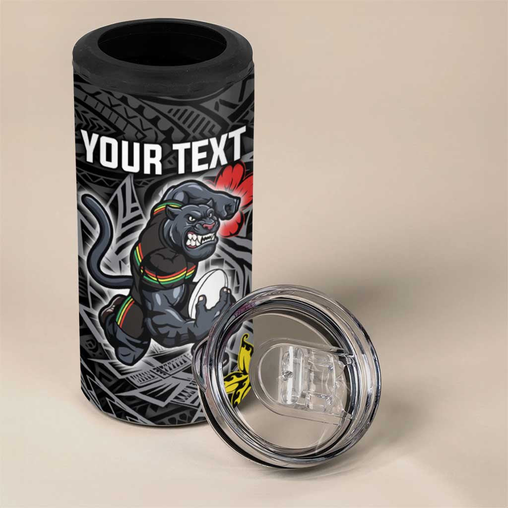 Personalised Penrith Panthers 4 in 1 Can Cooler Tumbler Polynesian Tribal Pattern With Rugby Panther Mascot Art