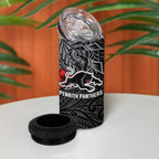 Personalised Penrith Panthers 4 in 1 Can Cooler Tumbler Polynesian Tribal Pattern With Rugby Panther Mascot Art