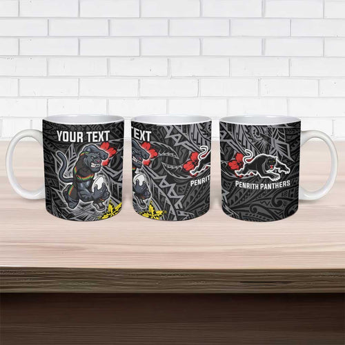 Personalised Penrith Panthers Ceramic Mug Polynesian Tribal Pattern With Rugby Panther Mascot Art