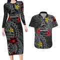 Personalised Penrith Panthers Couples Matching Long Sleeve Bodycon Dress and Hawaiian Shirt Polynesian Tribal Pattern With Rugby Panther Mascot Art