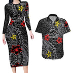 Personalised Penrith Panthers Couples Matching Long Sleeve Bodycon Dress and Hawaiian Shirt Polynesian Tribal Pattern With Rugby Panther Mascot Art