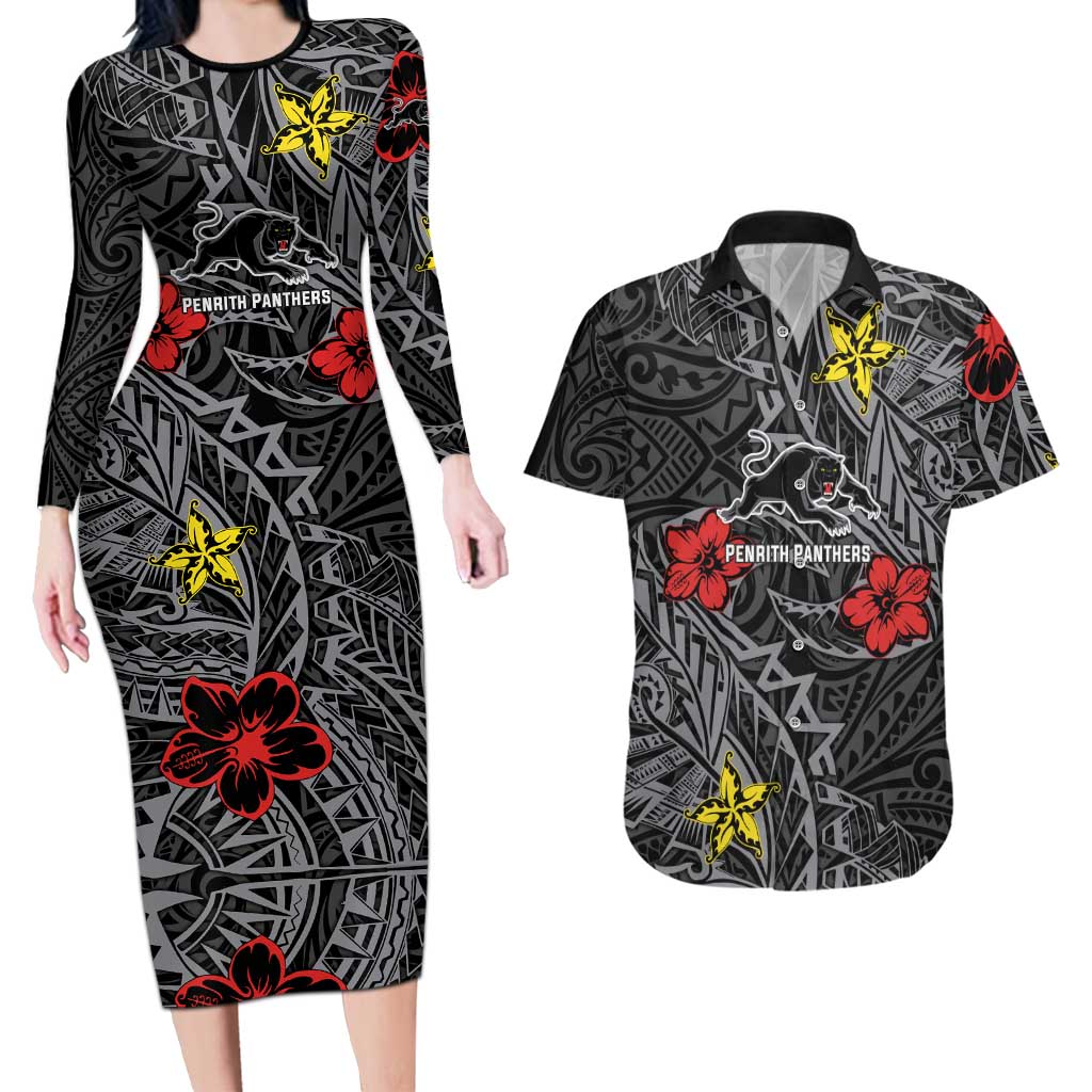 Personalised Penrith Panthers Couples Matching Long Sleeve Bodycon Dress and Hawaiian Shirt Polynesian Tribal Pattern With Rugby Panther Mascot Art