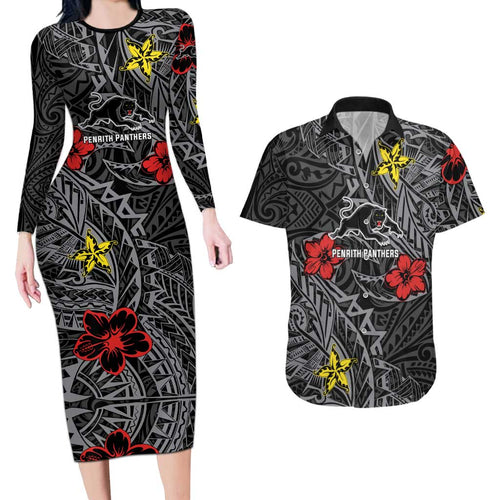 Personalised Penrith Panthers Couples Matching Long Sleeve Bodycon Dress and Hawaiian Shirt Polynesian Tribal Pattern With Rugby Panther Mascot Art