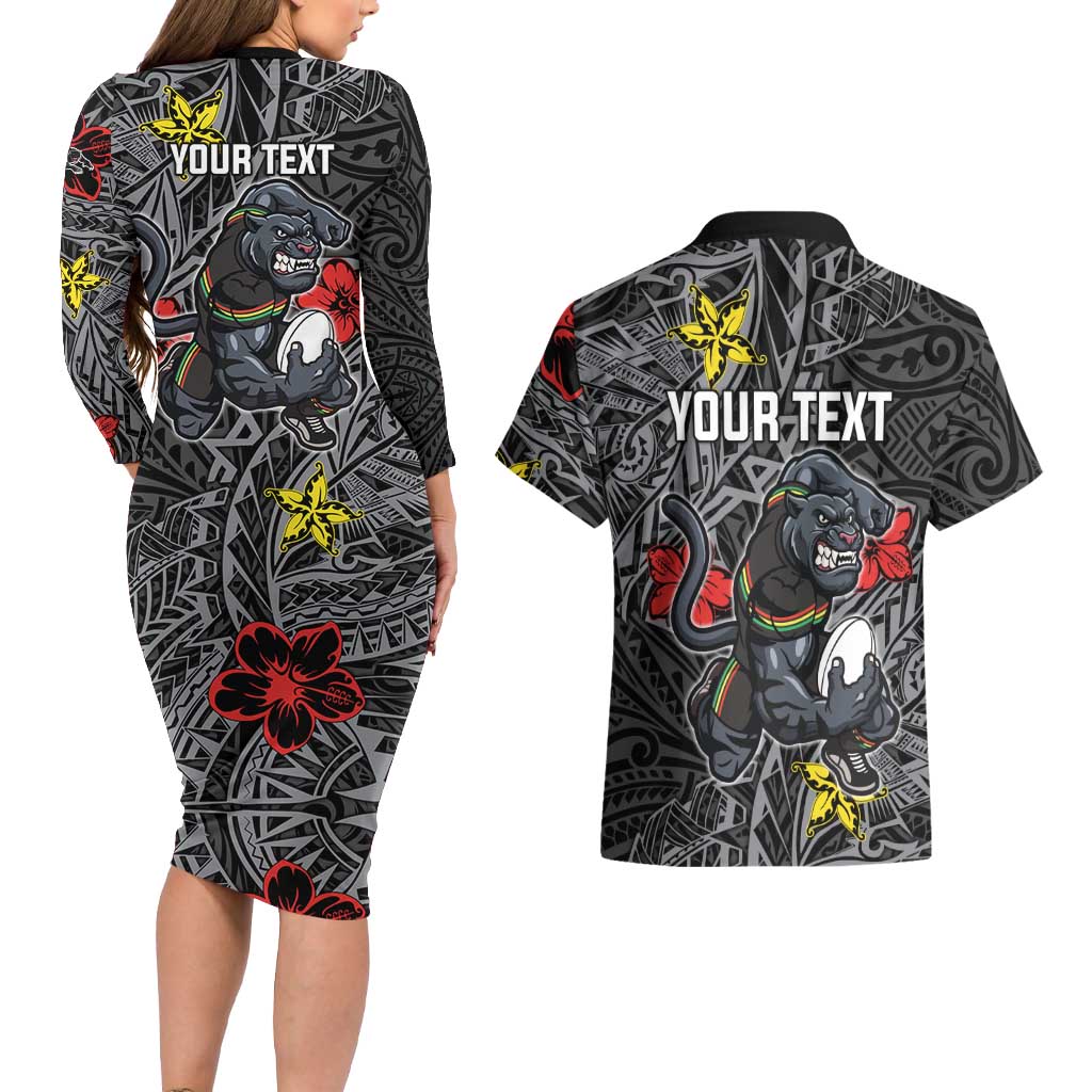 Personalised Penrith Panthers Couples Matching Long Sleeve Bodycon Dress and Hawaiian Shirt Polynesian Tribal Pattern With Rugby Panther Mascot Art