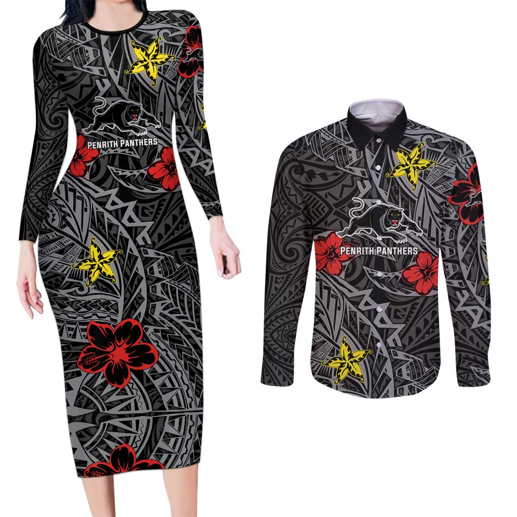 Personalised Penrith Panthers Couples Matching Long Sleeve Bodycon Dress and Long Sleeve Button Shirt Polynesian Tribal Pattern With Rugby Panther Mascot Art