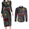 Personalised Penrith Panthers Couples Matching Long Sleeve Bodycon Dress and Long Sleeve Button Shirt Polynesian Tribal Pattern With Rugby Panther Mascot Art