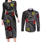 Personalised Penrith Panthers Couples Matching Long Sleeve Bodycon Dress and Long Sleeve Button Shirt Polynesian Tribal Pattern With Rugby Panther Mascot Art