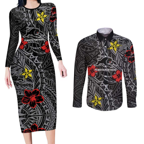 Personalised Penrith Panthers Couples Matching Long Sleeve Bodycon Dress and Long Sleeve Button Shirt Polynesian Tribal Pattern With Rugby Panther Mascot Art