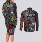Personalised Penrith Panthers Couples Matching Long Sleeve Bodycon Dress and Long Sleeve Button Shirt Polynesian Tribal Pattern With Rugby Panther Mascot Art