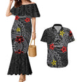 Personalised Penrith Panthers Couples Matching Mermaid Dress and Hawaiian Shirt Polynesian Tribal Pattern With Rugby Panther Mascot Art