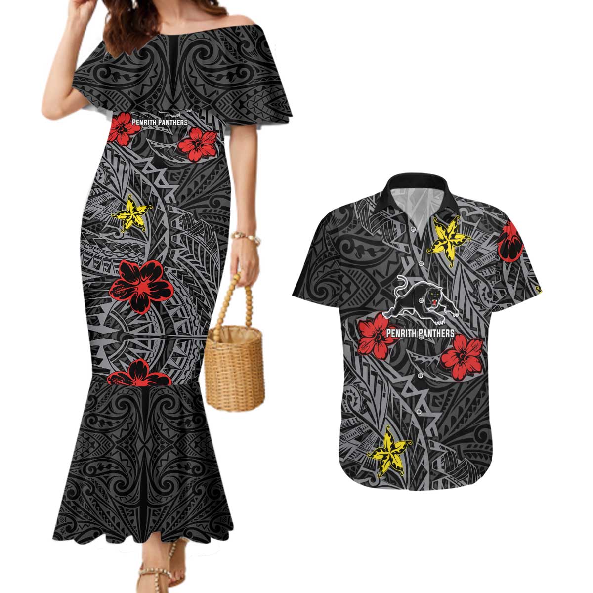 Personalised Penrith Panthers Couples Matching Mermaid Dress and Hawaiian Shirt Polynesian Tribal Pattern With Rugby Panther Mascot Art