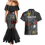 Personalised Penrith Panthers Couples Matching Mermaid Dress and Hawaiian Shirt Polynesian Tribal Pattern With Rugby Panther Mascot Art