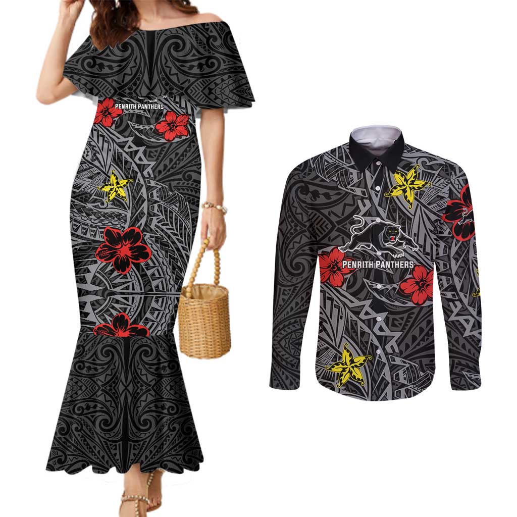 Personalised Penrith Panthers Couples Matching Mermaid Dress and Long Sleeve Button Shirt Polynesian Tribal Pattern With Rugby Panther Mascot Art