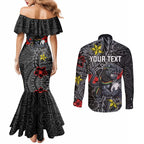 Personalised Penrith Panthers Couples Matching Mermaid Dress and Long Sleeve Button Shirt Polynesian Tribal Pattern With Rugby Panther Mascot Art