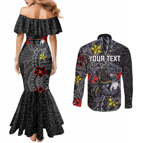 Personalised Penrith Panthers Couples Matching Mermaid Dress and Long Sleeve Button Shirt Polynesian Tribal Pattern With Rugby Panther Mascot Art