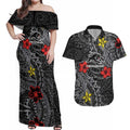 Personalised Penrith Panthers Couples Matching Off Shoulder Maxi Dress and Hawaiian Shirt Polynesian Tribal Pattern With Rugby Panther Mascot Art