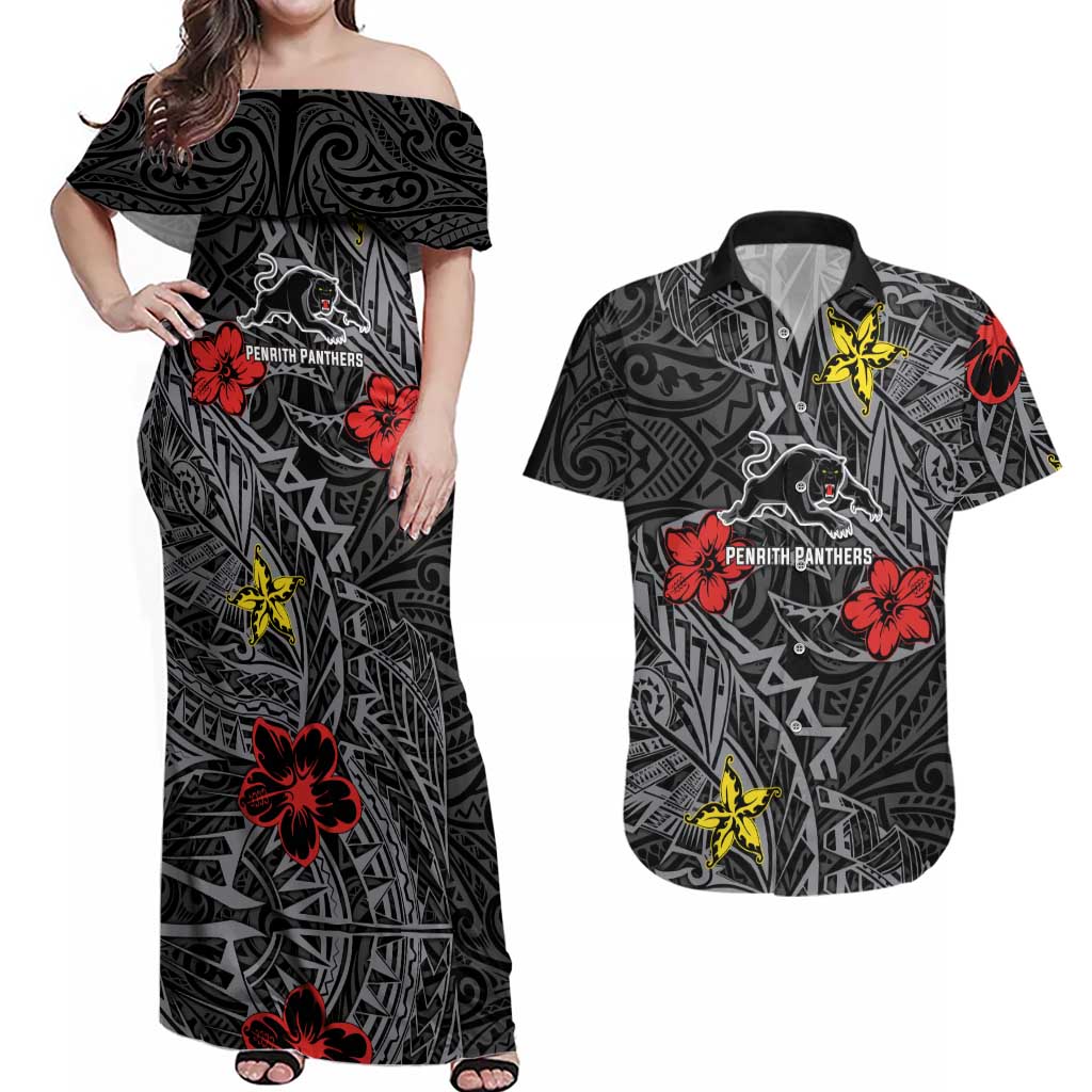 Personalised Penrith Panthers Couples Matching Off Shoulder Maxi Dress and Hawaiian Shirt Polynesian Tribal Pattern With Rugby Panther Mascot Art